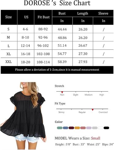 DOROSE Women's Babydoll Tops Swiss Dot Ruffle Sleeve Tiered Flowy Blouses Dressy Casual Summer Shirts in Kuwait