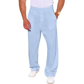PASLTER Mens Linen Cotton Pants Casual Loose Fit Straight-Leg Lightweight Elastic Waist Beach Yoga Lounge Trousers for Men