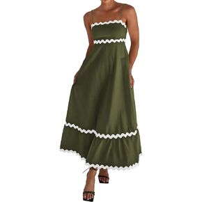 dowerme Women Summer Dresses 2024 Spaghetti Straps Sleeveless Smocked Rickrack Trim Boho Flowy Loose A-Line Midi Dress
