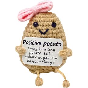 Mini Funny Positive Potato, 3 inch Knitted Doll with Positive Card for Cheer Up Gifts and Party Decorations, Cute Positive Potato Crochet Doll for Birthday Gifts (Pink Bowknot Potato)