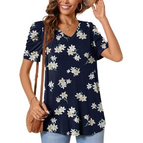 CATHY Women's Long Puff Sleeve V-Neck Tunic Tops Casual T-shirt Basic Blouse Loose Tee For Legging