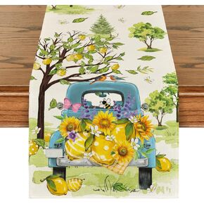Artoid Mode Lemon Blue Truck Trees Summer Table Runner, Seasonal Spring Kitchen Dining Table Decoration for Home Party Decor 13x72 Inch