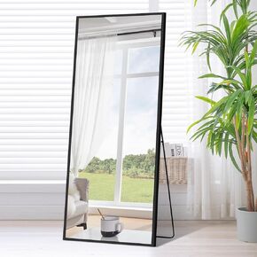 مرآة أرضية مستطيلة كاملة الطول مقاس 64 بوصة × 21 بوصة مع حامل، إطار معدني من الألومنيوم للتعليق على الحائط لكامل الجسم، مرآة معلقة على الحائط لغرفة النوم وغرفة المعيشة، مرآة تزيين باللون الأسود in Kuwait