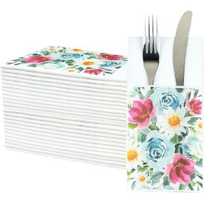 JEBBLAS Disposable Built-in Flatware Pocket Napkins, Flower Print Party Dinner Napkin, Prefolded for Silverware, Linen Feel Strong, Big And Elegant Napkins For Wedding Party, Pack of 50