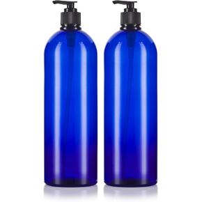 JUVITUS Cobalt Blue 32 oz Large Boston Round PET Plastic Bottles (BPA Free) with Black Lotion Pump (2 pack)