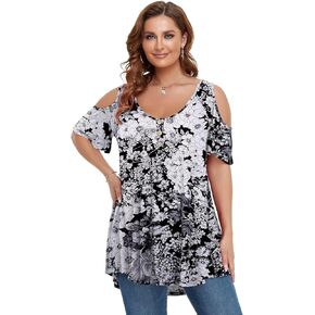 LARACE Cold Shoulder Tops for Women Plus Size V Neck T Shirts Short Sleeve Summer Clothes Button Up Tunic