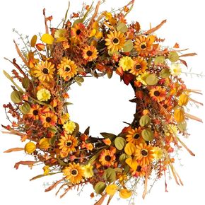 TEMPUS 22inch Thanksgiving Daisy Grain Wreath Autumn Harvest Wreath Eucalputs Leaves with Berries Wreath Fall Decor Front Door Indoor or Outdoor Wall Home Party Decoration