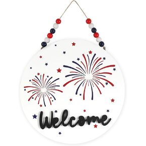 4th of July decorations-Patriotic Wreaths Welcome Sign-Hanging Welcome Front Door Wreaths Sign for Wall Window Home Independence Day Memorial Day Holiday Decor