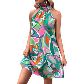 SOLY HUX Women's Allover Print Halter Sleeveless Tunic Short Dress Summer Dresses