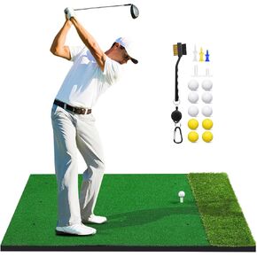 5 x 4 ft Golf Hitting Mat, Artificial Turf Golf Mat Practice Indoor Outdoor Thickened Golf Practice Mat Set with 2 Rubber Tees, 10 Golf Balls, 1 Golf Brush Golf Training Aids