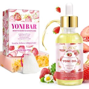 Yoni Soap & Yoni Oil Set for Women, Handcraft Feminine Wash Yoni Bar 100g & Yoni Oil 2.02 fl.oz/60ml, Strawberry Scent