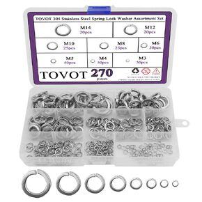 270PCS 8 Sizes Split Lock Washer Assortment Kit Spring Lock Washer Set 304 Stainless Steel Lock Washers (M3 M4 M5 M6 M7 M8 M10 M12 M14)