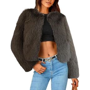Arssm Faux Fur Jacket Women Long Sleeve Open Front Cropped Cardigan Warm Winter Shaggy Fluffy Short Fur Coat