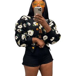 BQDCQB Womens Cropped Floral Print Jacket Warm Fleece Bomber Jacket Casual Button Down Coats Fall Puff Outerwears in Kuwait