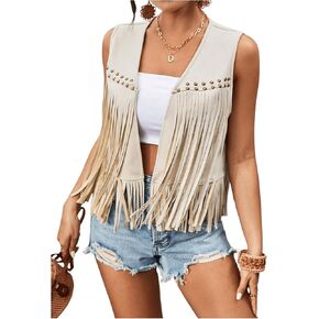 GORGLITTER Women's Tassel Fringe Sleeveless Vest Fringe Suede 70s Hippie Jacket Outfits