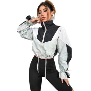Floerns Women's Colorblock Long Sleeve Drawstring Hem Zipper Up Windbreaker Jacket