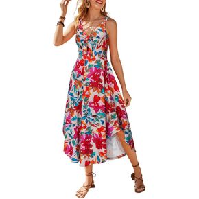 VOTEPRETTY Women's Summer Maxi Dresses 2024 Spring Sundressess Beach Vacation Hawaiian Tropical Outfit Floral Clothes