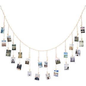 joycraft Wooden Bead Photo Display Holder, 5.9Ft Hanging Photo Display with 24Pcs Clips, Boho Photo Display Wall Decor for Bedroom, Office, Dorm, Birthday, Baby Shower