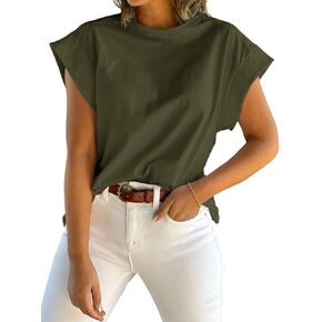 Tankaneo Womens Summer Cap Sleeve Tank Top Crew Neck Solid Casual Loose Fit Basic Tee Shirt