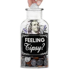 Tips Jar for Money, Tip Box for Bartender Bars Money Container Musicians Restaurants, Clear Glass Tips Jar Bottle Bucket Box for Money Cash Storage Container (Tipsy)
