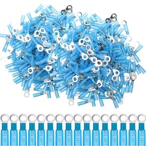 300 Pcs Heat Shrink Ring Terminals #10 Blue 16-14 AWG Electrical Connectors Ring Connector Clear 10 AWG Wire Connectors, Waterproof and Insulated (Ring 5/16")