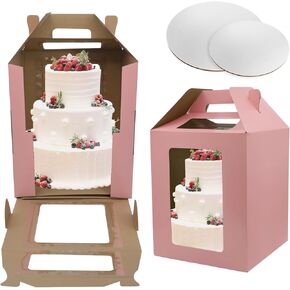 2 Pack Tall Cake Boxes with Window,Large Tiered 10x10x12 & 12x12x14 Inch with 2 Cake Boards,Disposable Cake Containers/Carrier for Wedding Birthday