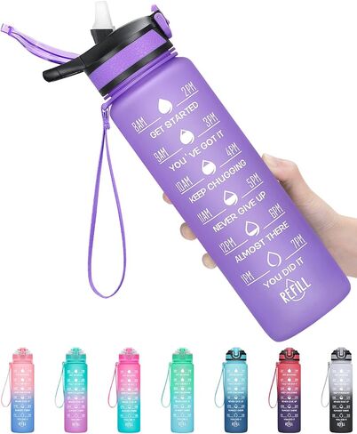 32oz Leakproof Motivational Sports Water Bottle with Straw & Time Marker, Flip Top Durable BPA Free Tritan Non-Toxic Frosted Bottle Perfect for Office, School, Gym and Workout (Cotton Candy) in Saudi Arabia