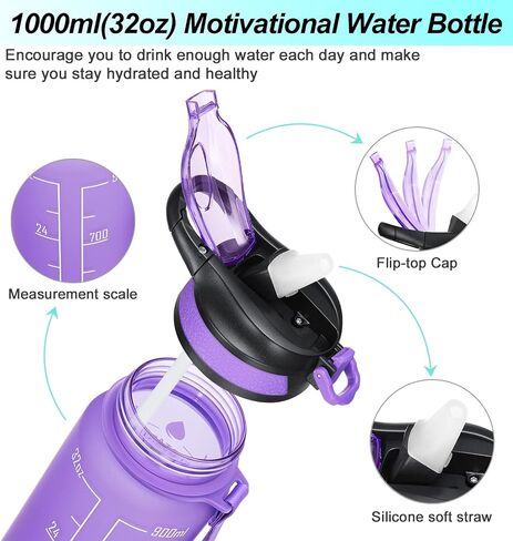 32oz Leakproof Motivational Sports Water Bottle with Straw & Time Marker, Flip Top Durable BPA Free Tritan Non-Toxic Frosted Bottle Perfect for Office, School, Gym and Workout (Cotton Candy) in Saudi Arabia