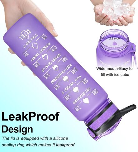 32oz Leakproof Motivational Sports Water Bottle with Straw & Time Marker, Flip Top Durable BPA Free Tritan Non-Toxic Frosted Bottle Perfect for Office, School, Gym and Workout (Cotton Candy) in Saudi Arabia