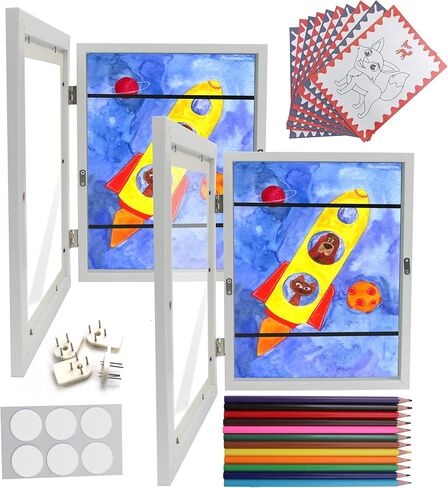 Kids Art Frame White 2 Pcs – 8.5 x 11" Artwork Frames for Kids Art with Color Pencils & Drawing Paper – Wall Mounted changeable artwork frames kids Vertical & Horizontal – Holds 50 Drawings, 3D Crafts. in Saudi Arabia