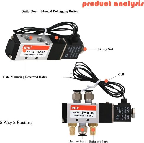 RIH Pneumatics Solenoid Valve 1/4"NPT DC12V Single Coil Pilot-Operated Electric 5Way2Position 4V210 WithJunctionBox (DC12V JunctionBox, 1/4‘’) in Saudi Arabia