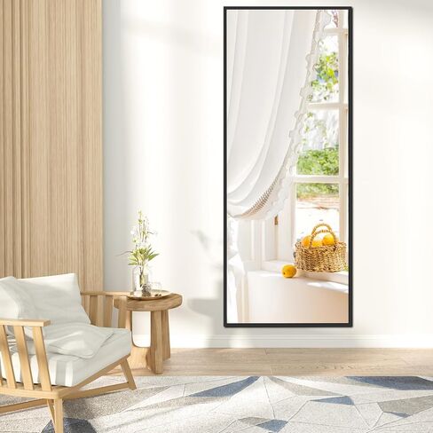 مرآة أرضية مستطيلة كاملة الطول مقاس 64 بوصة × 21 بوصة مع حامل، إطار معدني من الألومنيوم للتعليق على الحائط لكامل الجسم، مرآة معلقة على الحائط لغرفة النوم وغرفة المعيشة، مرآة تزيين باللون الأسود in Kuwait