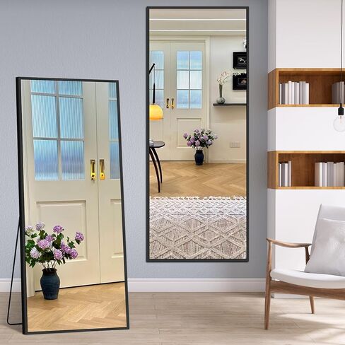 مرآة أرضية مستطيلة كاملة الطول مقاس 64 بوصة × 21 بوصة مع حامل، إطار معدني من الألومنيوم للتعليق على الحائط لكامل الجسم، مرآة معلقة على الحائط لغرفة النوم وغرفة المعيشة، مرآة تزيين باللون الأسود in Kuwait