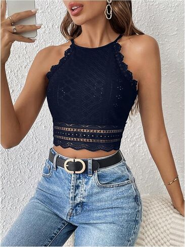 SweatyRocks Women's Floral Lace Slim Fit Crop Halter Top Sleeveless Cami Tank Tops in Saudi Arabia