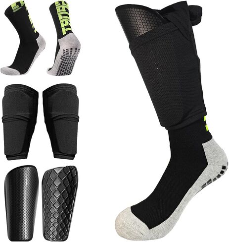 1 Pair Mens Grip Soccer Socks, 1 Pair Shin Sleeves with 1 Pack Shin Guards, Professional Soccer Football Game Set 3 Pcs (Black) in Saudi Arabia