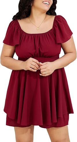 فستان Byinns نسائي مقاس كبير وأكمام مكشكشة وربطة عنق مربعة من الخلف على شكل حرف a واسعة الساق وجذابة وأنيقة in Kuwait