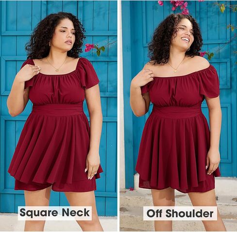 فستان Byinns نسائي مقاس كبير وأكمام مكشكشة وربطة عنق مربعة من الخلف على شكل حرف a واسعة الساق وجذابة وأنيقة in Kuwait