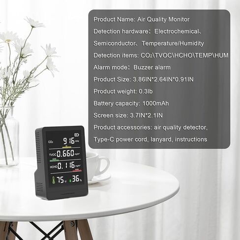 جهاز مراقبة جودة الهواء الداخلي الاحترافي 5 في 1، جهاز مراقبة ثاني أكسيد الكربون المحمول الداخلي | درجة الحرارة | كاشف الفورمالديهايد | الرطوبة TVOC | جهاز اختبار جودة الهواء - جهاز مراقبة الهواء النظيف في الأماكن المحصورة، AK3 in Kuwait