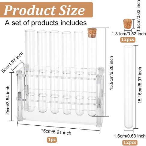 OLYCRAFT 12 Pcs Glass Test Tubes with Rack Cork Stoppers Clear Test Tubes with Acrylic Holder 6 Holes Tubes Rack Kit for Scientific Experiments Decorations and Crafts 6.3 Inch Long in Kuwait