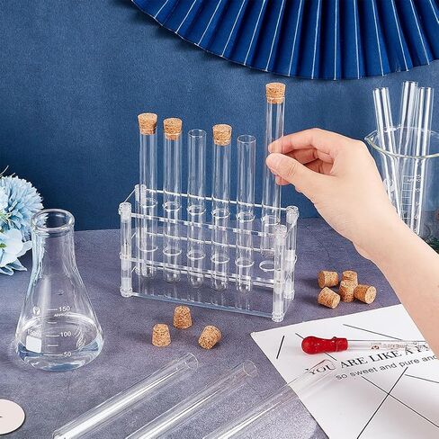 OLYCRAFT 12 Pcs Glass Test Tubes with Rack Cork Stoppers Clear Test Tubes with Acrylic Holder 6 Holes Tubes Rack Kit for Scientific Experiments Decorations and Crafts 6.3 Inch Long in Kuwait