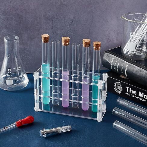 OLYCRAFT 12 Pcs Glass Test Tubes with Rack Cork Stoppers Clear Test Tubes with Acrylic Holder 6 Holes Tubes Rack Kit for Scientific Experiments Decorations and Crafts 6.3 Inch Long in Kuwait