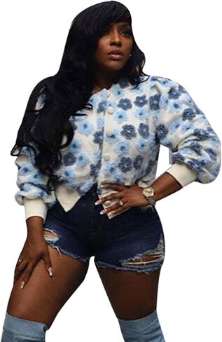 سترة نسائية BQDCQB مقصوصة مطبوعة بالزهور سترة دافئة من الصوف معاطف كاجوال بأزرار للأسفل ملابس خارجية منتفخة للخريف in Kuwait