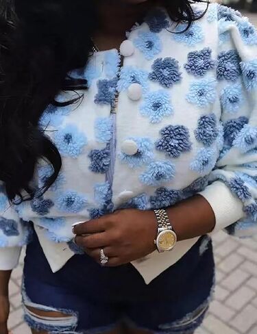 سترة نسائية BQDCQB مقصوصة مطبوعة بالزهور سترة دافئة من الصوف معاطف كاجوال بأزرار للأسفل ملابس خارجية منتفخة للخريف in Kuwait