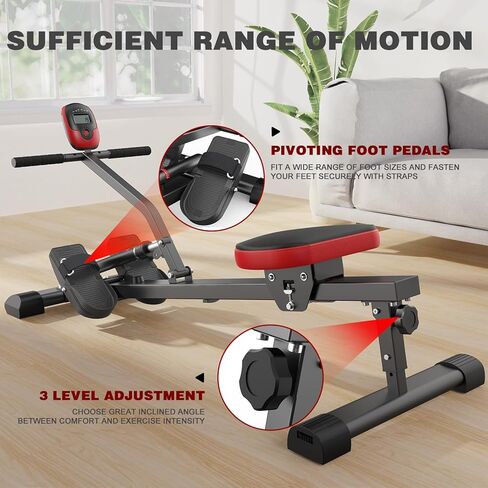 آلة التجديف، آلة التجديف الهيدروليكية مع 12 مستوى مقاومة، سعة تحميل 300 رطل، مدمجة ذكية، سكة طويلة جدًا، معدات اللياقة البدنية لكامل الجسم للاستخدام المنزلي in Kuwait