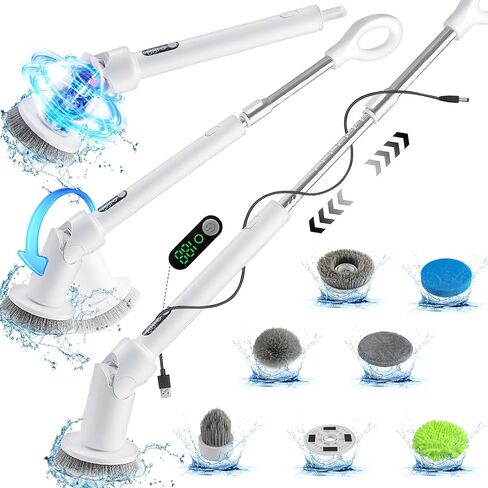 منظف ​​دوار كهربائي قوي، فرشاة تنظيف الحمام المقاومة للماء IPX8 الجديدة لكامل الجسم لعام 2024، منظف الدش بمقبض طويل وسرعتين، استبدال الرؤوس، مستلزمات التنظيف لأرضية بلاط الدش in Kuwait