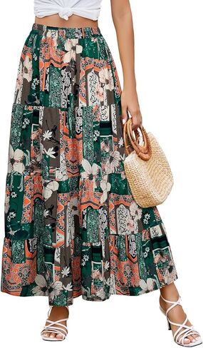 بيريدريس تنورة ماكسي للنساء عالية الخصر طول الكاحل فلوي ألف خط صيف غير رسمي للشاطئ تنانير طويلة الطبقات مكشكشة in Kuwait