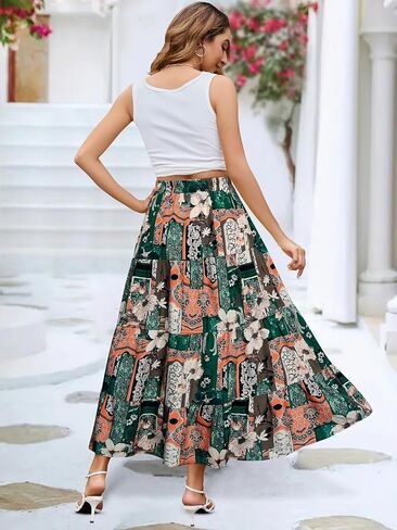 بيريدريس تنورة ماكسي للنساء عالية الخصر طول الكاحل فلوي ألف خط صيف غير رسمي للشاطئ تنانير طويلة الطبقات مكشكشة in Kuwait