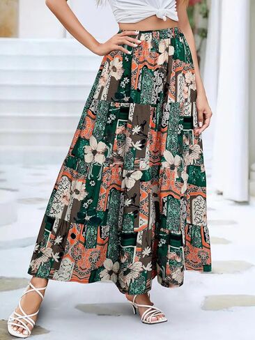 بيريدريس تنورة ماكسي للنساء عالية الخصر طول الكاحل فلوي ألف خط صيف غير رسمي للشاطئ تنانير طويلة الطبقات مكشكشة in Kuwait