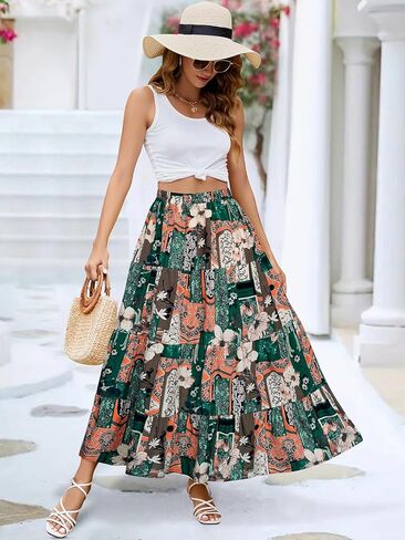 بيريدريس تنورة ماكسي للنساء عالية الخصر طول الكاحل فلوي ألف خط صيف غير رسمي للشاطئ تنانير طويلة الطبقات مكشكشة in Kuwait