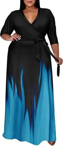 Runwind Plus Size Dresses for Women Gradient Maxi Dress Flowy 3/4 Sleeve with Belt in Saudi Arabia